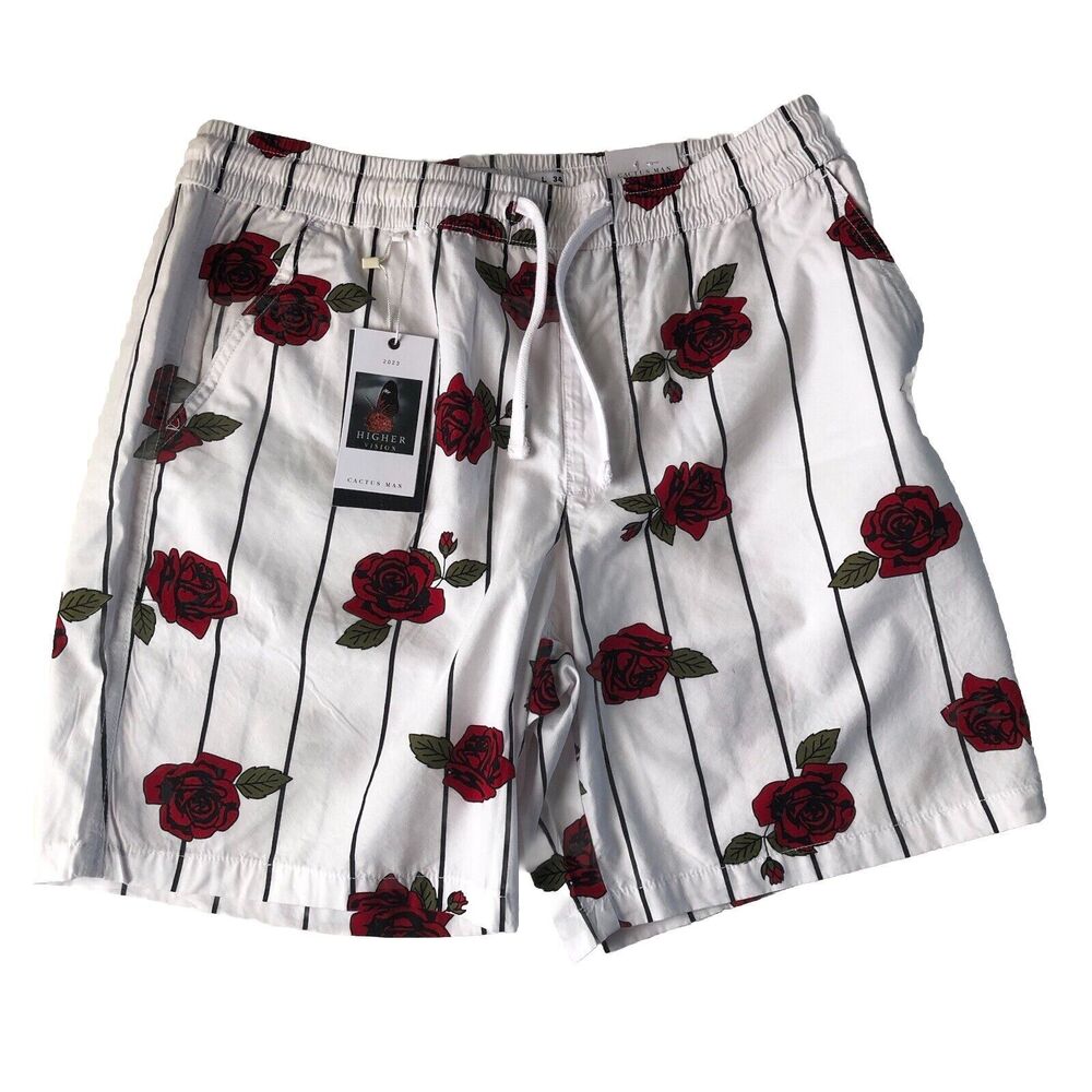 Cactus Man Mens Shorts White With Red Roses Size Large NWT